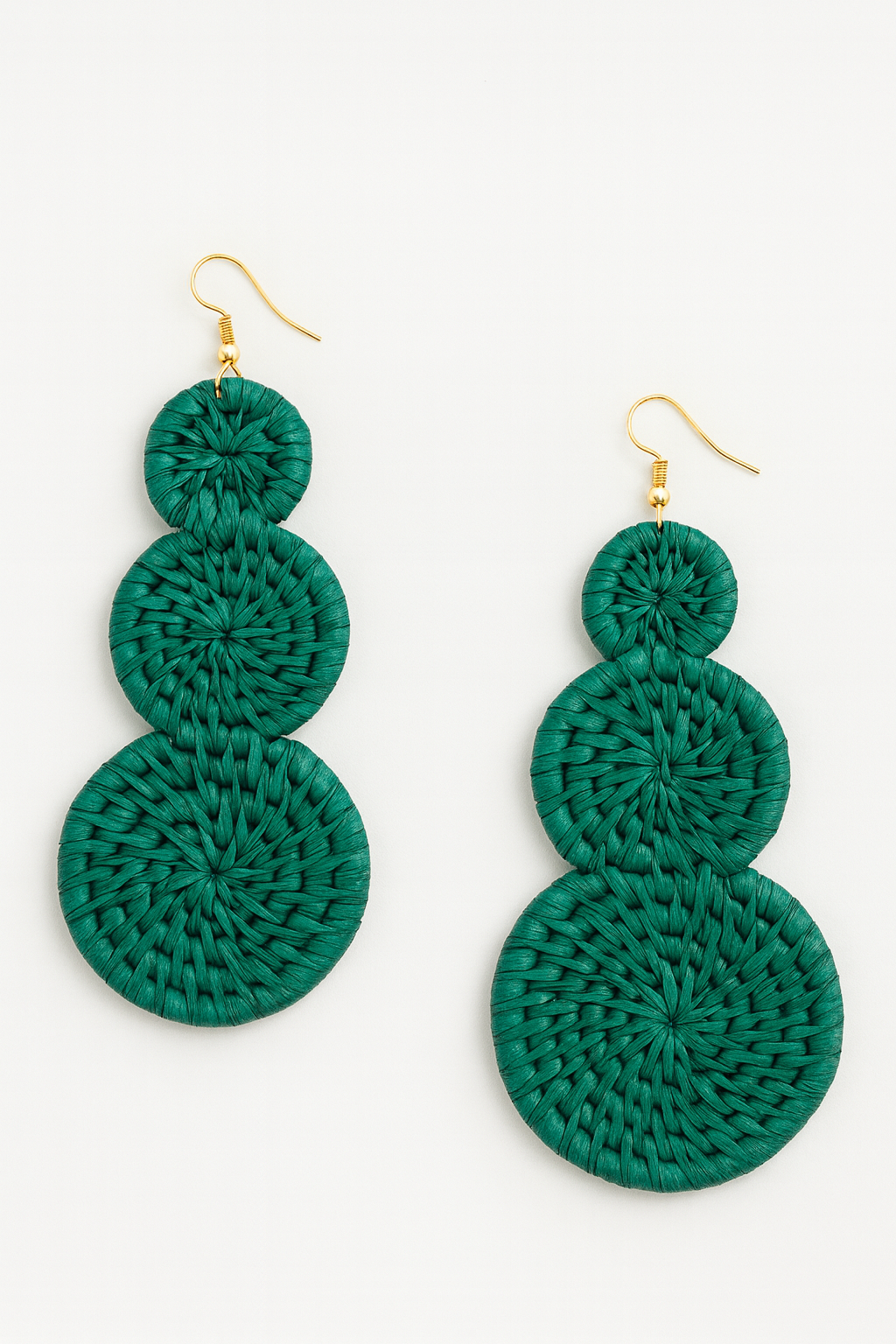 Triple-Disc Straw Earrings – Emerald Green/
Northern Ghana Handwoven Straw Earrings – Emerald Triple
/Artisan Woven Raffia Earrings – Emerald Northern Ghana Collection